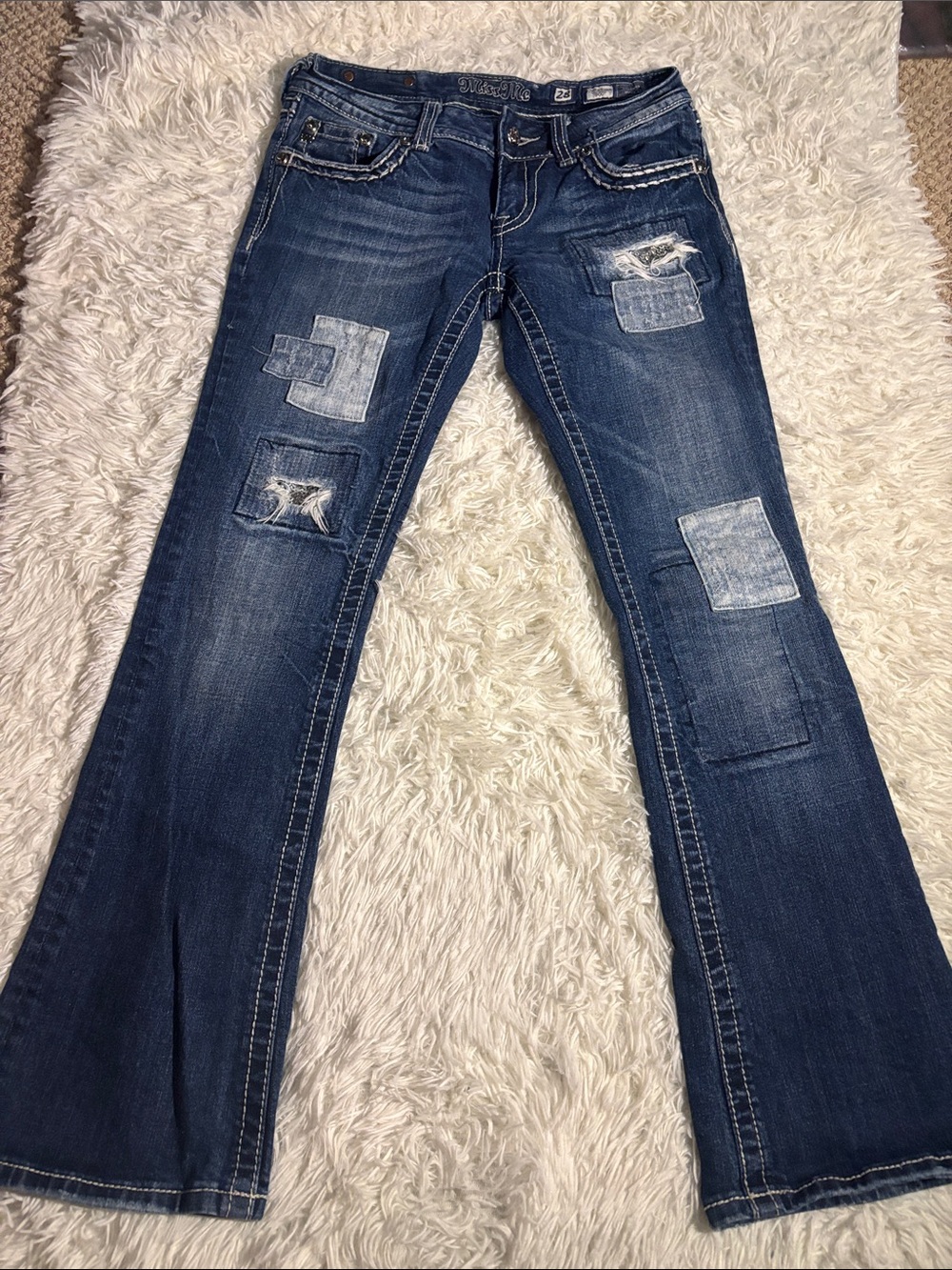 Miss Me Dark Blue Patchwork Flare Jeans